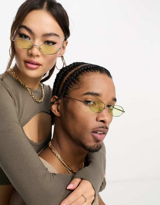 Public Desire – Ovale Mini-Sonnenbrille in Neongelb