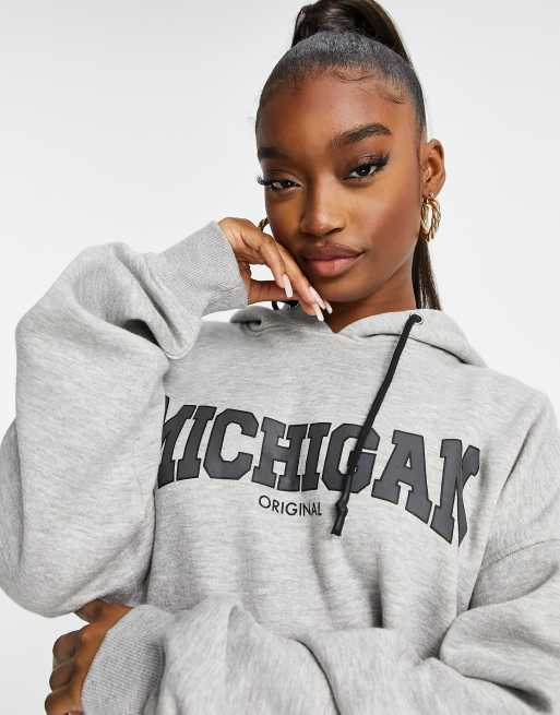 Public Desire – Oversize-Kapuzenpullover mit Michigan-Schriftzug in Grau meliert