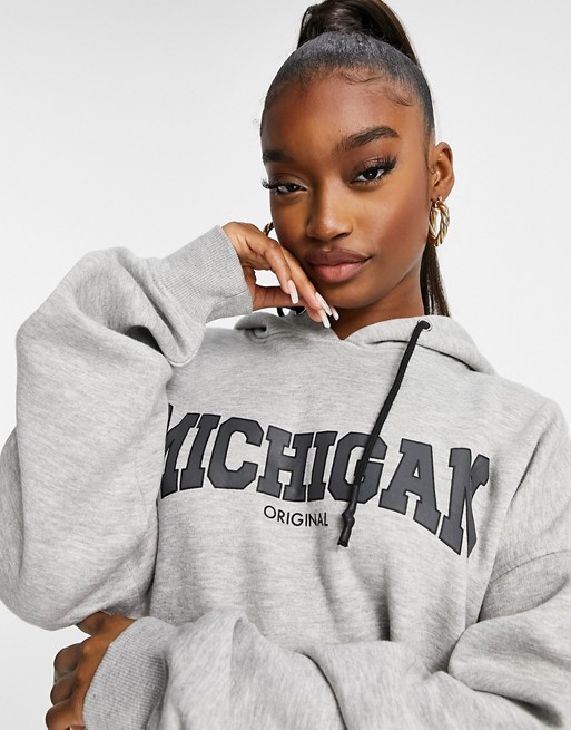 Public Desire oversized hoodie with Michigan slogan in marl grey