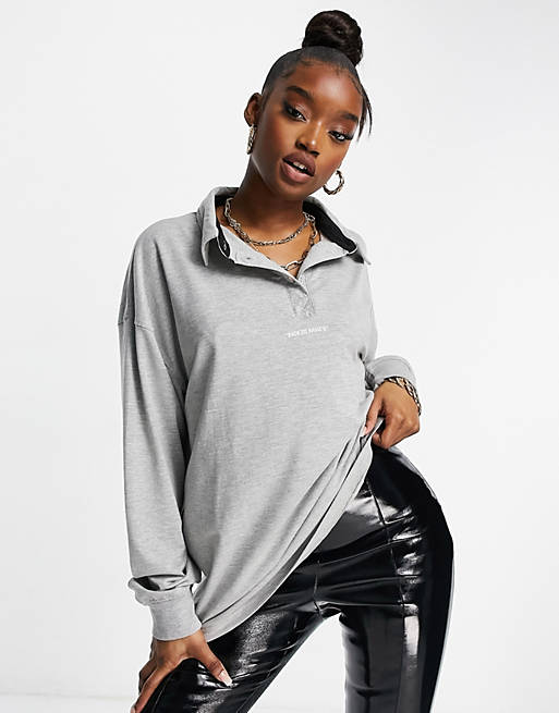 Public Desire oversized polo shirt with slogan front in marl grey