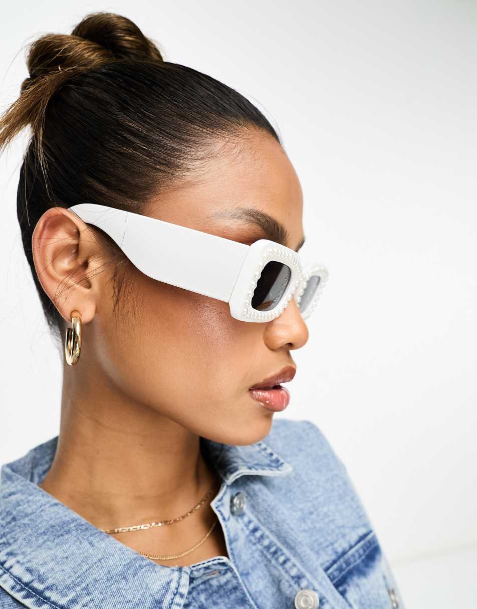 Public Desire oversized rectangle plastic pearl embellished sunglassed in  white with black lens