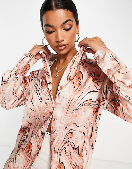 Public Desire oversized satin shirt in brown marble