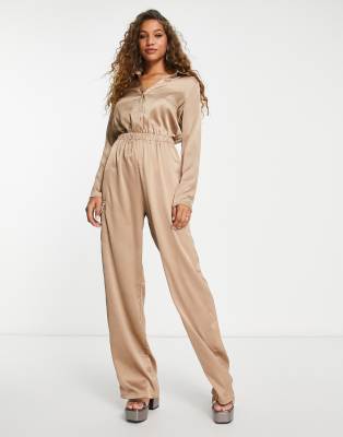 Shop Public Desire oversized satin utility jumpsuit in camel Online – Trendy & Affordable Fashion