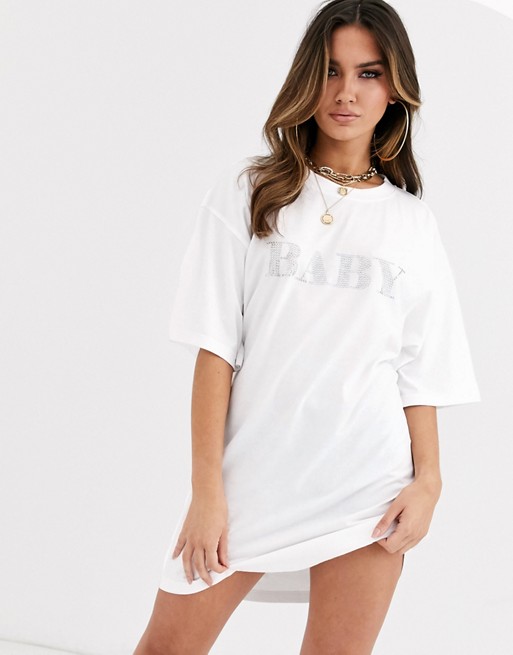 Public Desire oversized t-shirt dress with diamante baby slogan