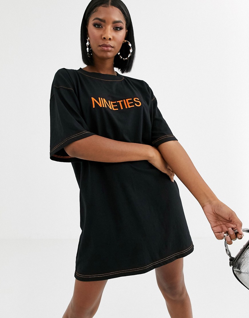 Public Desire oversized t-shirt dress with nineties embroidery-Black