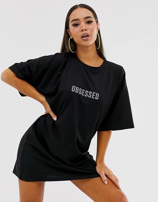 Public Desire oversized t-shirt dress with reflective obsessed print