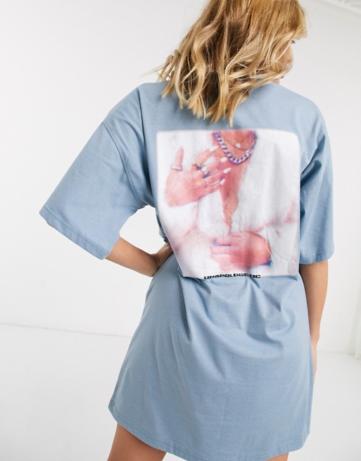 Public Desire oversized t-shirt dress with unapologetic slogan and photo graphic