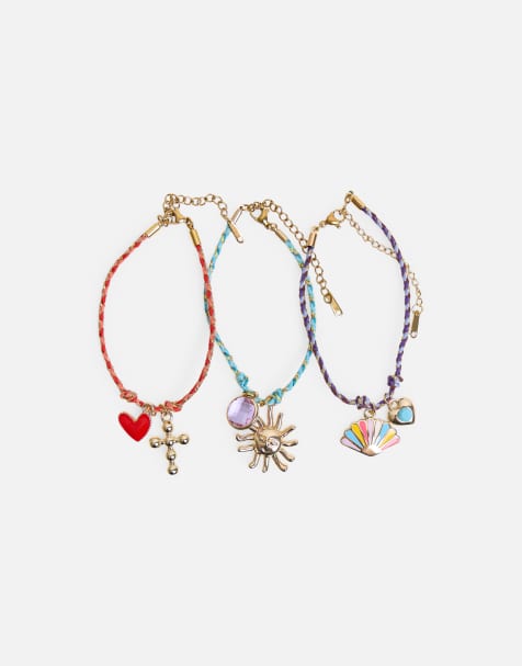 Public Desire Pack of three multicoloured woven charm bracelets in multi - view 1