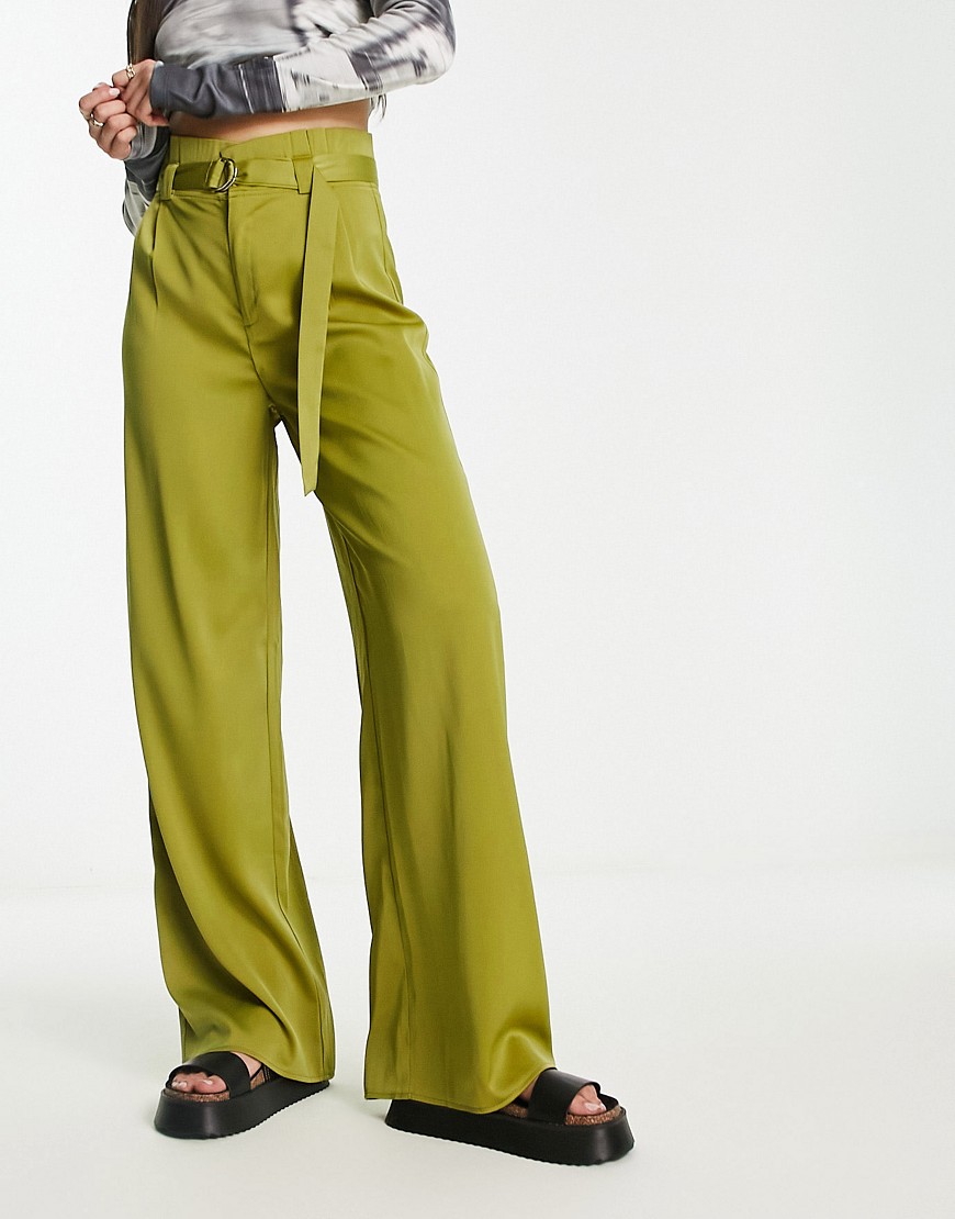 paperbag high waist pants in khaki-Green