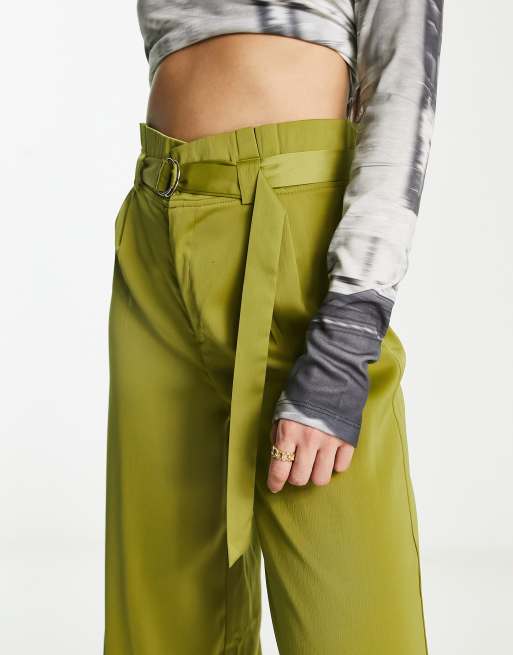 Heartbreak satin wrap around tie waist wide leg pants in khaki