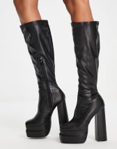 Shellys London wedge knee boots in black stretch | ASOS