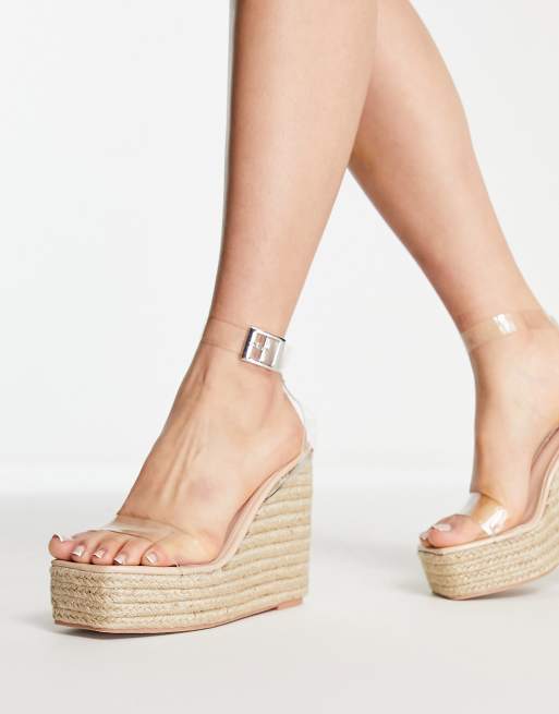 Public Desire – Peachy Sun – Beżowe sandały-espadryle na koturnie z przezroczystymi paseczkami