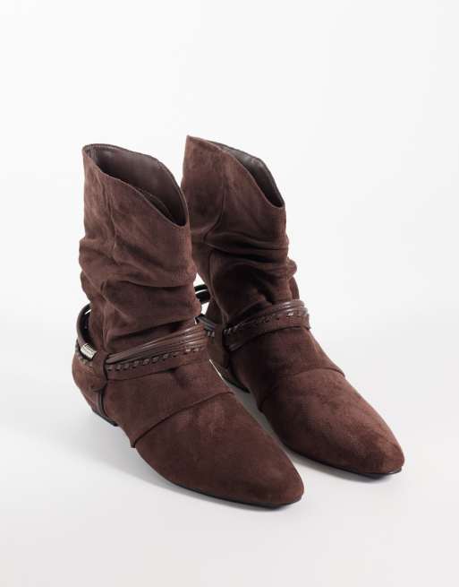 Public Desire Peta ruched low ankle boots in brown faux suede, 2 of 4