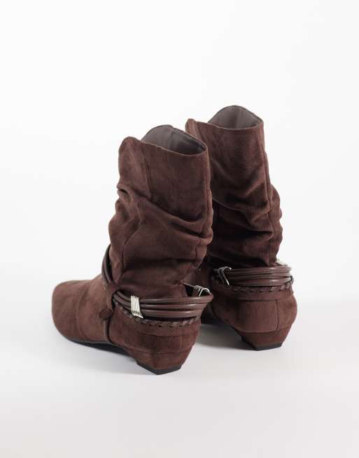 Public Desire Peta ruched low ankle boots in brown faux suede, 4 of 4