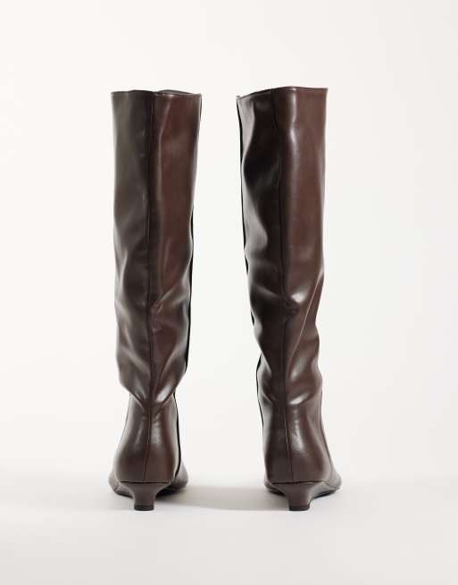 Public Desire Pia low wedge knee boots in brown, 3 of 5