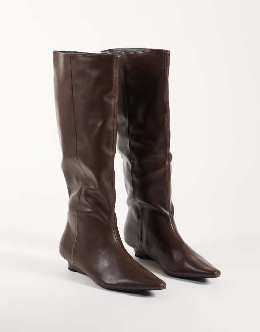 Public Desire Pia low wedge knee boots in brown, 5 of 5