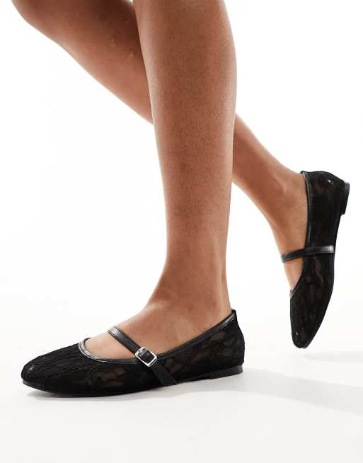 Public Desire Pirouette Ballerine stile Mary Jane in pizzo nero