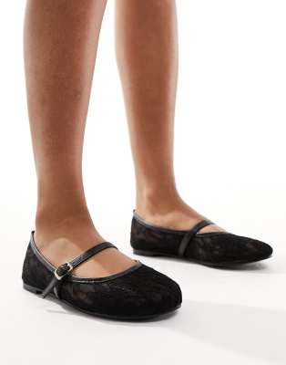 Public Desire Pirouette Lace Mary Jane Ballet Flats In Black