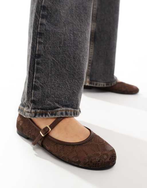 Public Desire Pirouette lace mary jane ballet flats in brown, 2 of 4