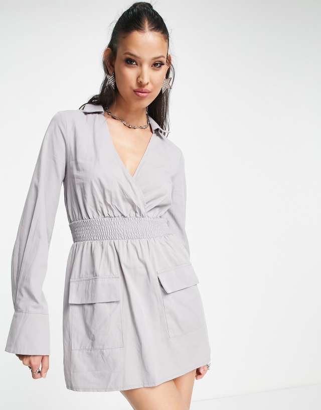 Public Desire plunge utility dress in light gray