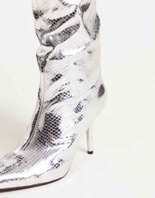 Silver Fashion Pointy Toe Flat Ankle Boots