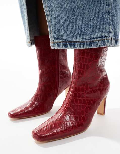 Public Desire Polaris sqaure toe heeled ankle boots in red - view 1