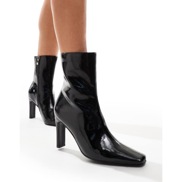 Public Desire Square Toe Heeled Ankle Boots in Black