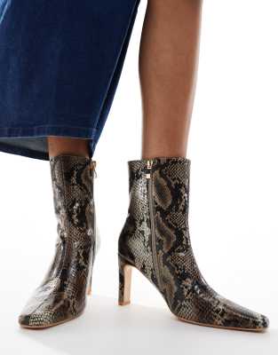 Polaris square toe heeled ankle boots in snake-Multi