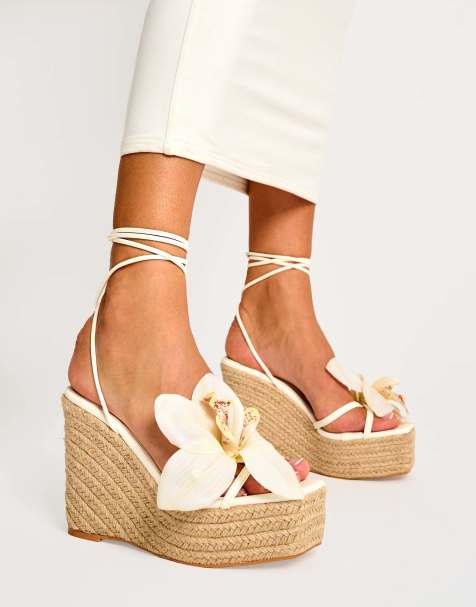 Public Desire Poolparty 3-d floral lace up jute wedges in cream - view 1