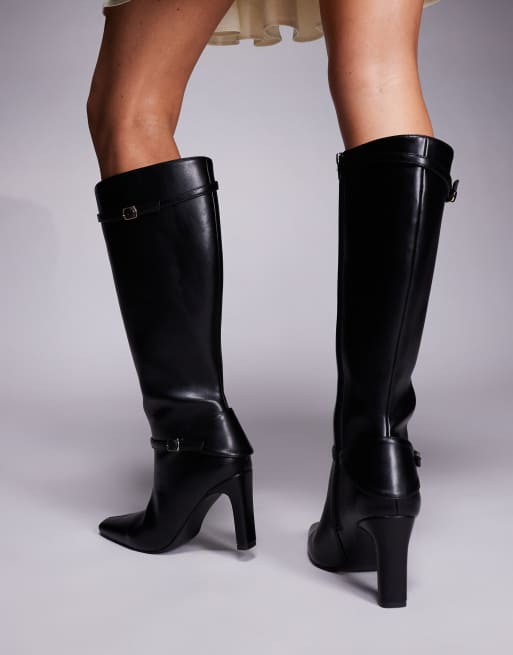 Public Desire Poppy heeled knee boots with buckle detail in black