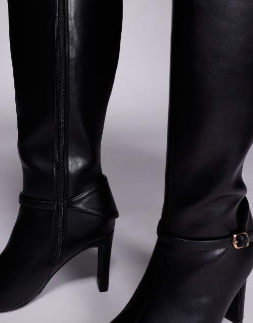 Public Desire Poppy heeled knee boots with buckle detail in black