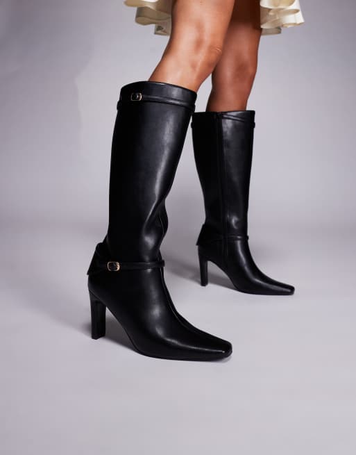 Public Desire Poppy heeled knee boots with buckle detail in black