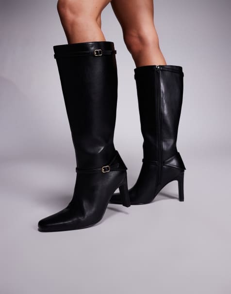 Public Desire Poppy Wide Fit heeled knee boots with buckle detail in black - view 1