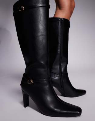 Public Desire Wide Fit Public Desire Poppy Wide Fit Heeled Knee Boots With Buckle Detail In Black
