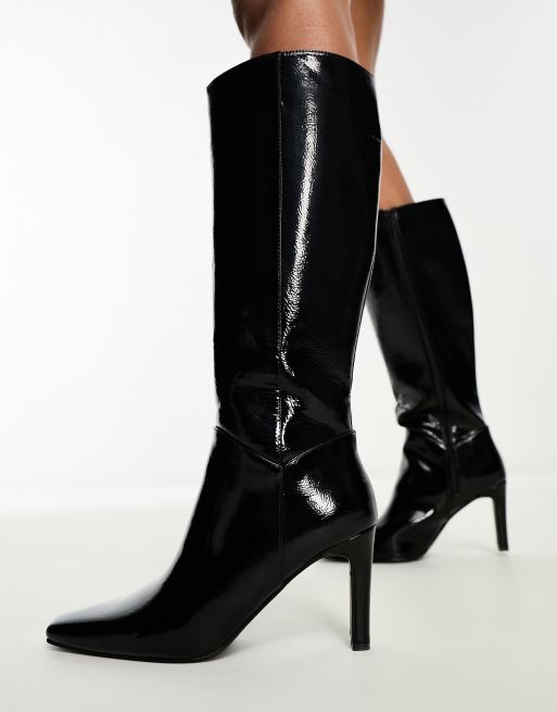 Public Desire Pose heeled knee boots in black textured レディース-