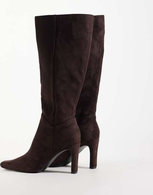 Public Desire Pose heeled knee boots in chocolate suedette, 4 of 4