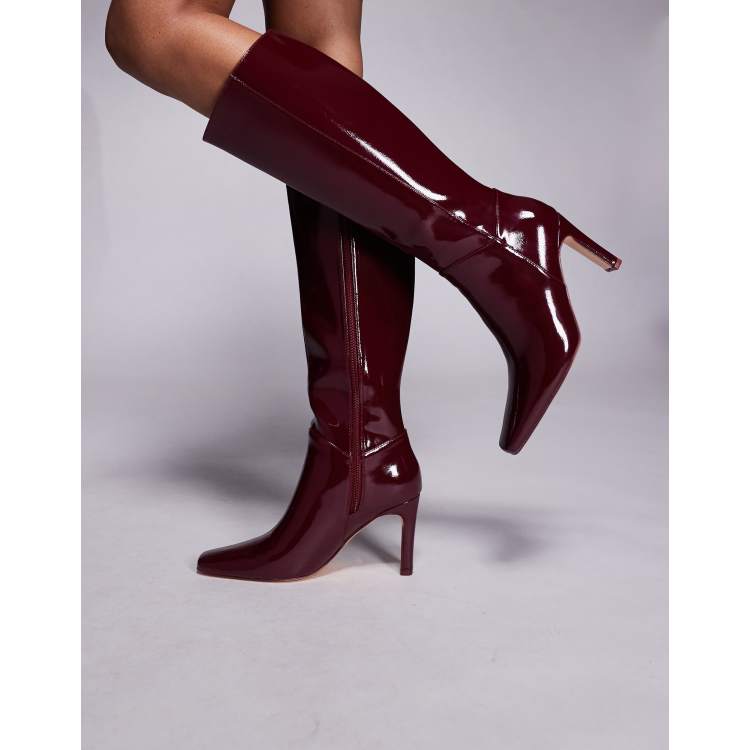 Public Desire Square Toe Heeled Knee Boots in burgundy-Red