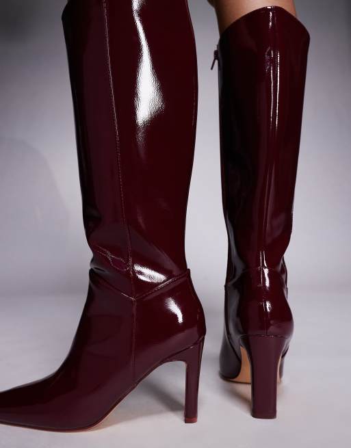 Public Desire Pose square toe heeled knee boots in burgundy