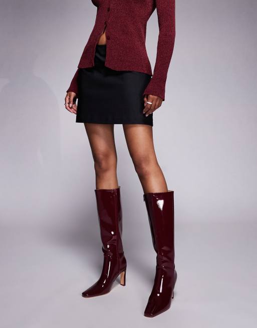 Public Desire Pose square toe heeled knee boots in burgundy
