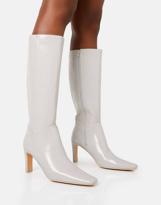 Public Desire Pose textured patent pu zip up knee high slim block heeled boots in grey textured pu