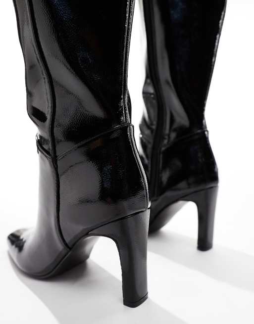 Public Desire Pose Wide Fit heeled knee boots in black patent, 3 of 4