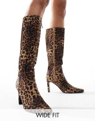 Public Desire Wide Fit Public Desire Pose Wide Fit heeled knee boots in leopard-Multi