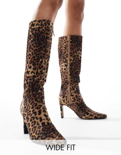 Public Desire Pose Wide Fit heeled knee boots in leopard