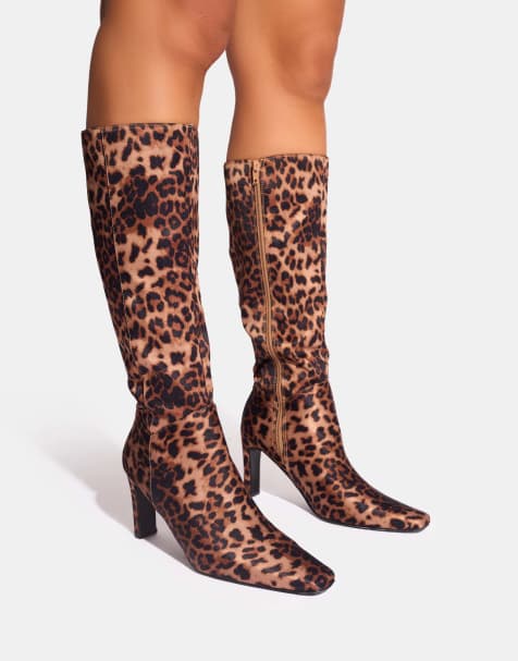 Public Desire Pose zip up knee high slim block heeled boots in leopard - view 1