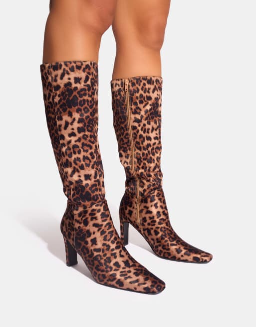 Public Desire Pose zip up knee high slim block heeled boots in leopard