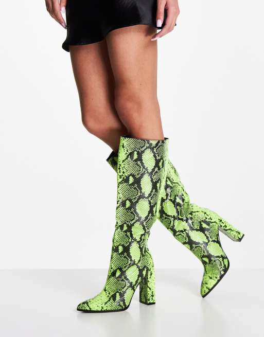 Public Desire Posie heel knee boots in lime snake print