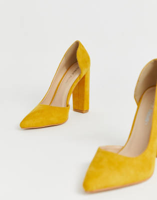 yellow suede block heels
