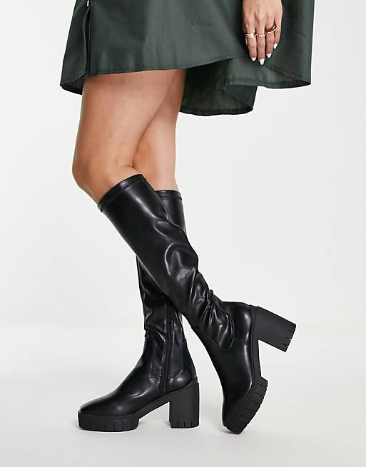 Public Desire Puncture knee high heel boots in black | ASOS