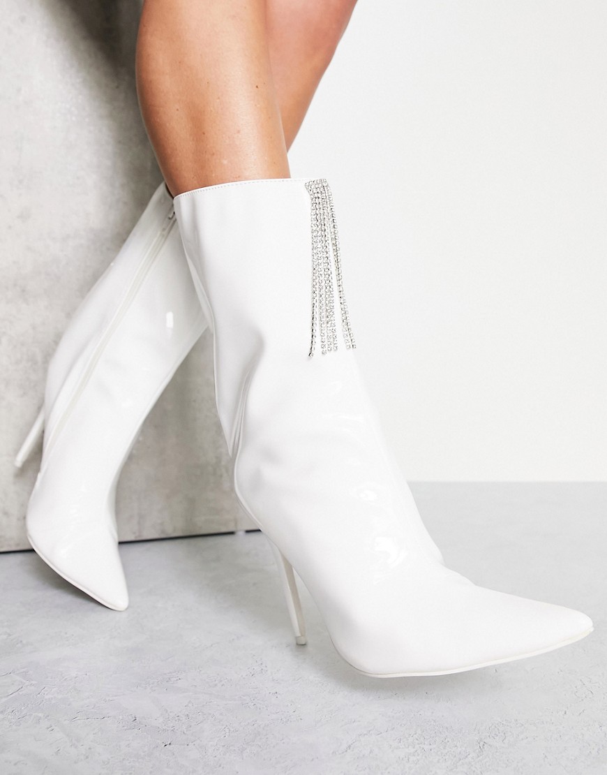 Public Desire Quince High Ankle Boots With Embellished Front In White Patent