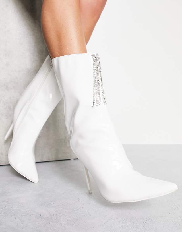 Public Desire Quince high ankle boots with embellished front in white patent